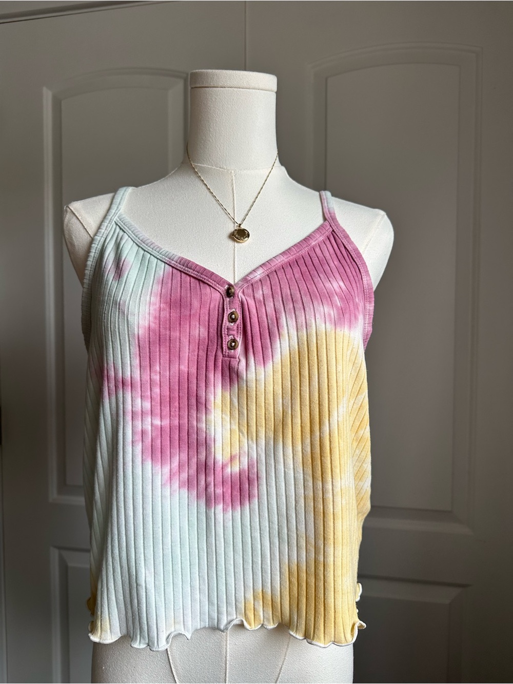 American Eagle Tie-Dye Ribbed Henley Tank Top - Pink, Yellow & Blue - Picture 2 of 8